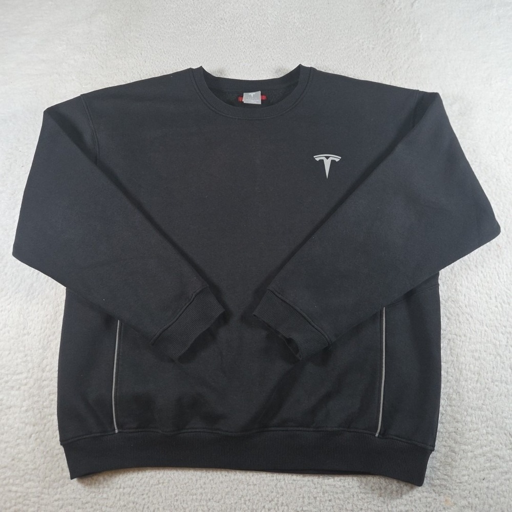 Tesla Mens XL Crewneck Sweater Black Cotton Blend Long Sleeve Logo Unisex‎